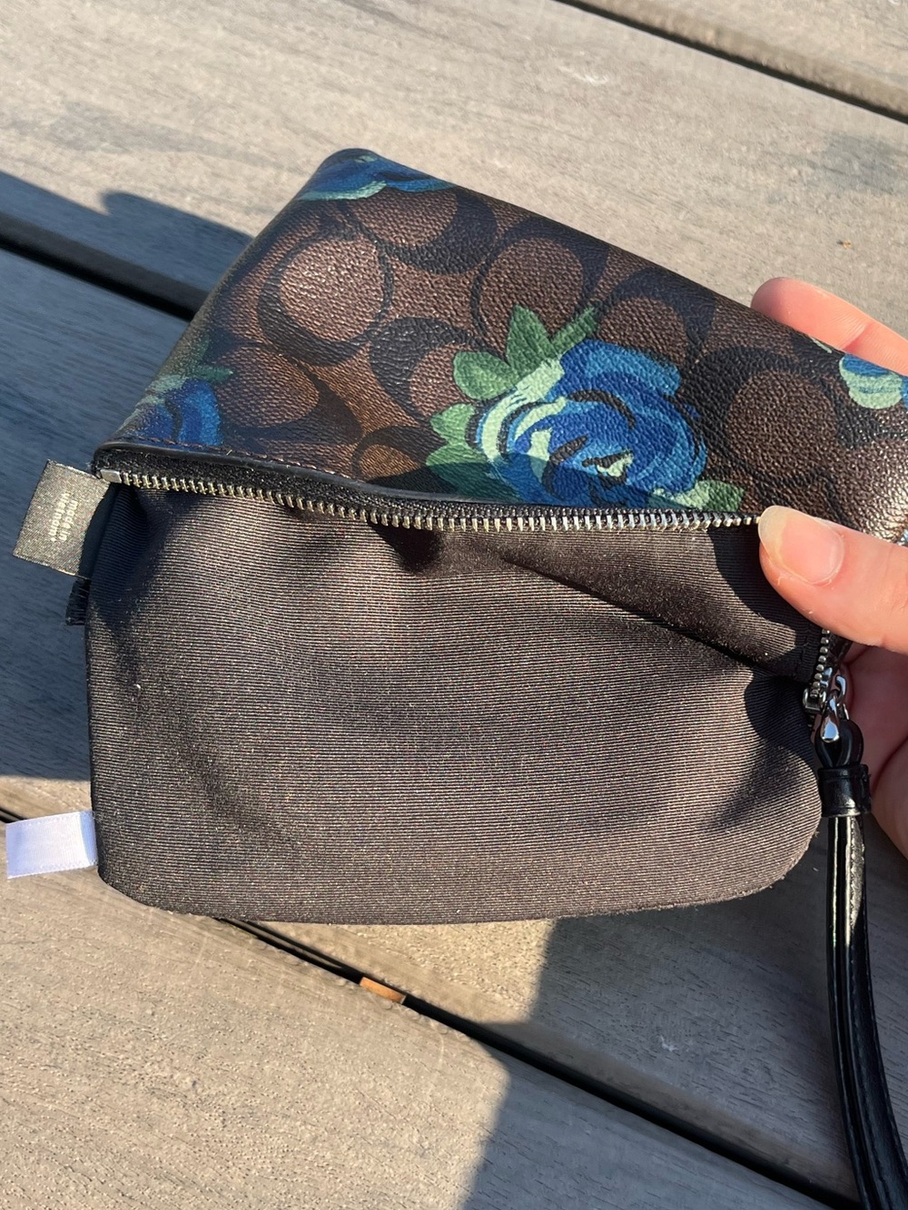 Coach; Brown Monogram; Blue Painter Style Floral; Corner Zip Wristlet; 6x4in - Picture 7 of 11